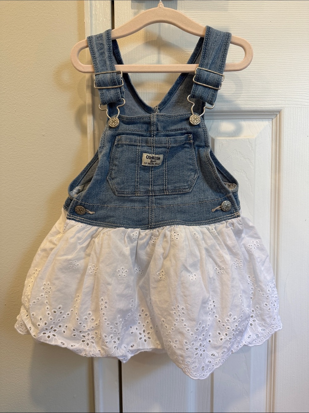 OshKosh B'gosh Denim Bib Overall Dress with White Eyelet Skirt